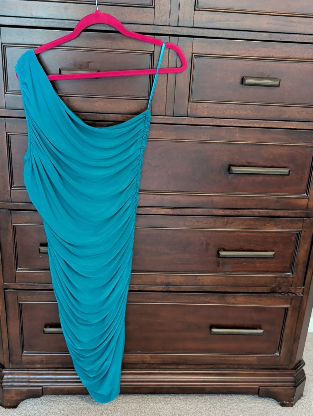 White House Black Market Teal One-Shoulder Ruched Dress